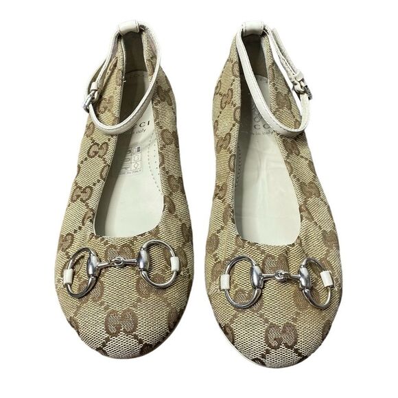 GUCCI Tan Monogram Horsebit Girls Flats 31 / US 13 Logo Ankle Strap - Picture 2 of 8